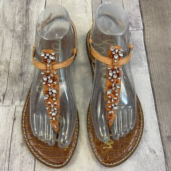 Sam Edelman Rhinestone Studded Gwyneth T Strap Thong Sandal Tan Flats Sz 8.5 - Picture 2 of 10